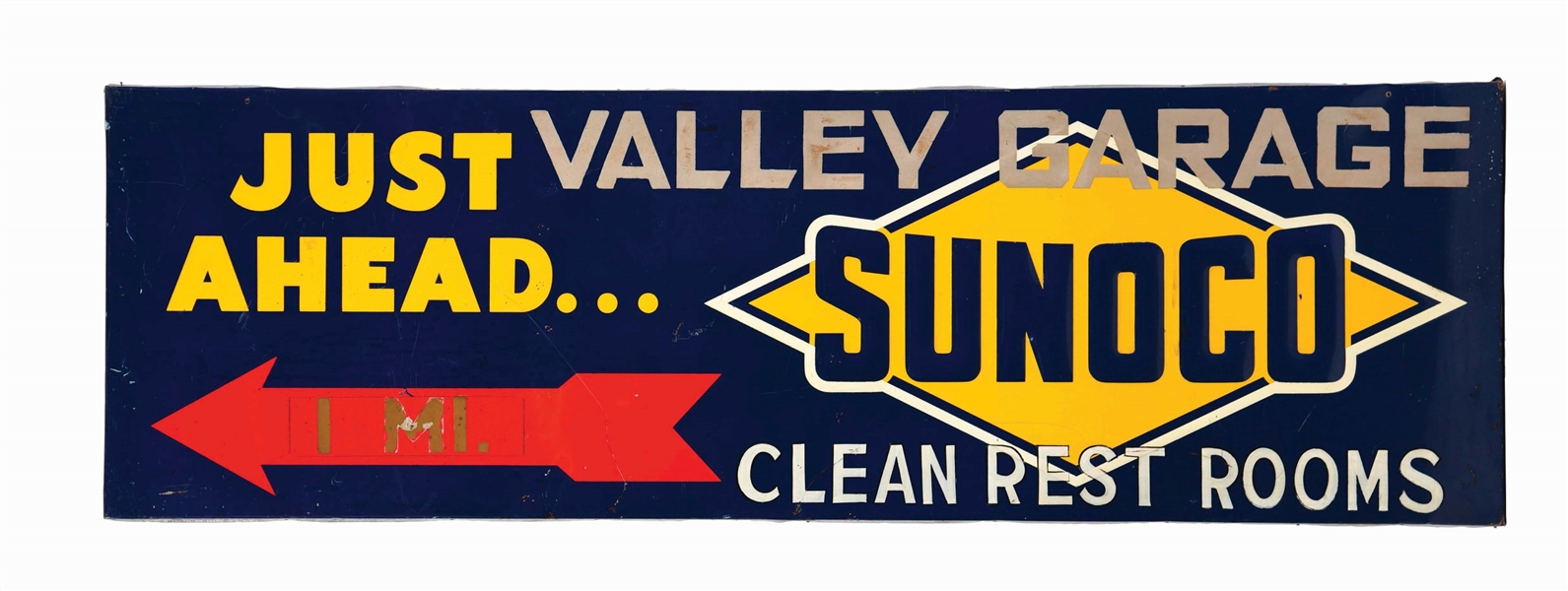 SUNOCO GASOLINE JUST AHEAD EMBOSSED TIN SERVICE STATION SIGN W/ ORIGINAL WOOD BACKING. 