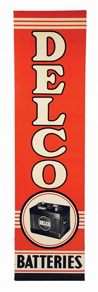 DELCO BATTERIES TIN SERVICE STATION VERTICAL SIGN W/ ORIGINAL WOOD BACKING & BATTERY GRAPHIC. 