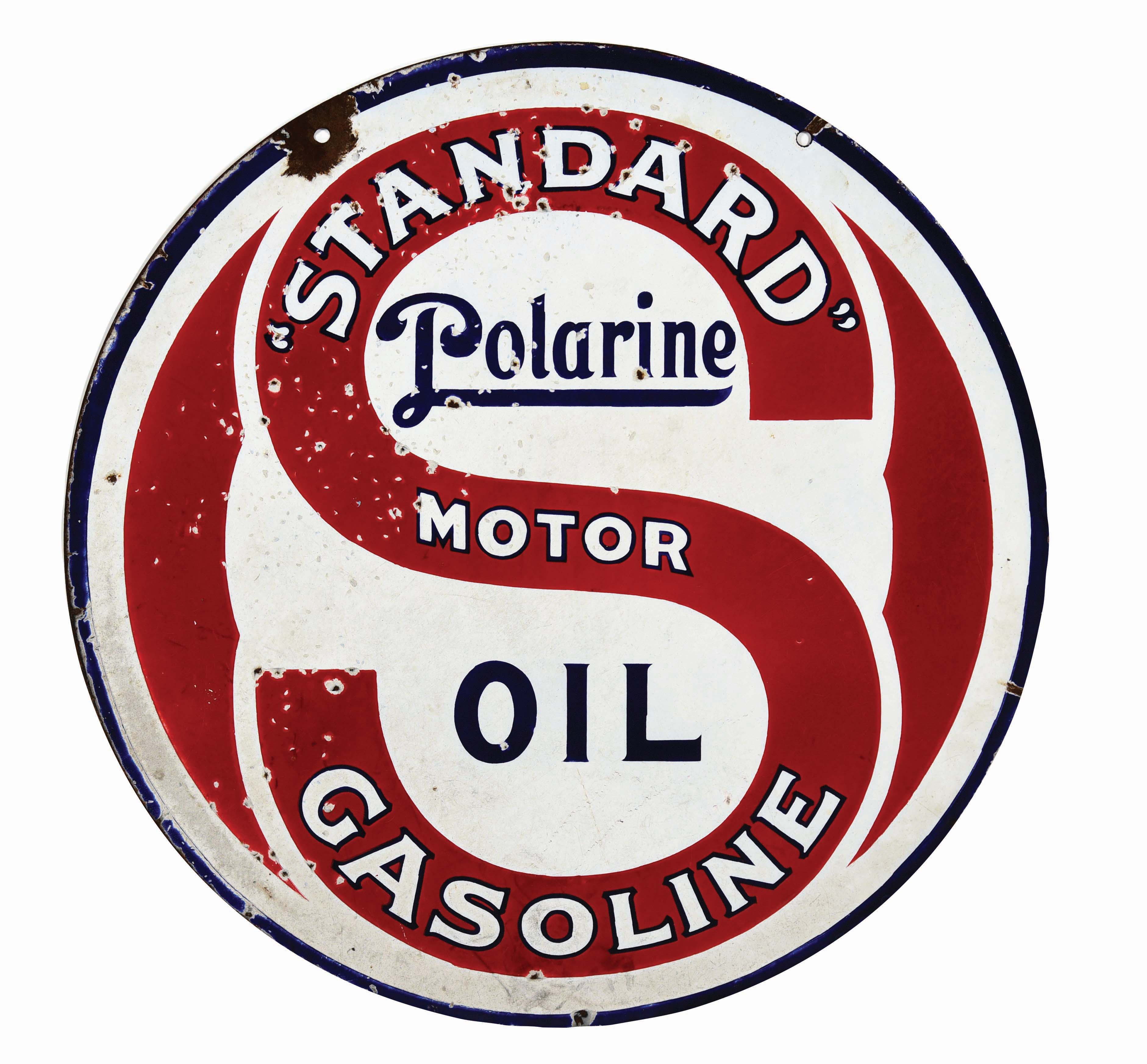 Lot Detail - STANDARD GASOLINE & POLARINE MOTOR OIL PORCELAIN CURB SIGN.