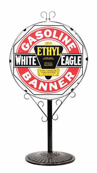 RARE WHITE EAGLE BANNER GASOLINE PORCELAIN LOLLIPOP SIGN W/ ORNATE CAST IRON BASE. 