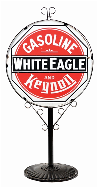 WHITE EAGLE GASOLINE & KEYNOIL MOTOR OIL PORCELAIN LOLLIPOP SIGN W/ CAST BASE. 