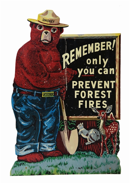 LARGE SMOKEY THE BEAR DIE CUT PAINTED ALUMINUM HIGHWAY SIGN. 