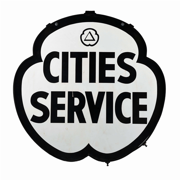 CITIES SERVICE GASOLINE DIE CUT PORCELAIN SERVICE STATION SIGN W/ ORIGINAL RING. 