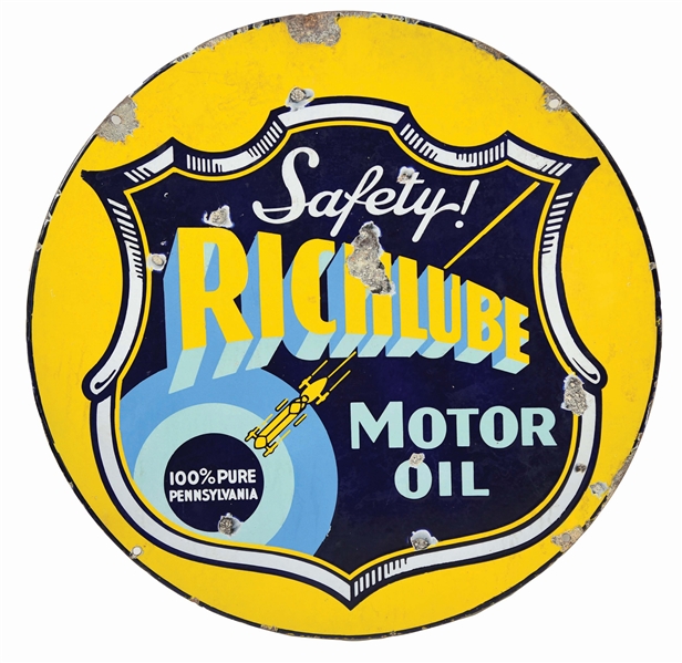 RARE RICHLUBE MOTOR OIL PORCELAIN CURB SIGN W/ RACE CAR GRAPHIC. 