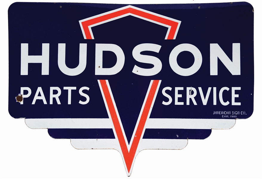 HUDSON MOTOR CARS PARTS & SERVICE DIE CUT PORCELAIN SIGN.