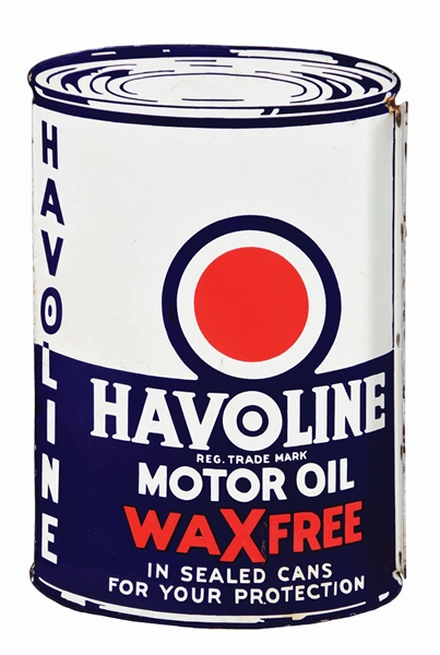 OUTSTANDING HAVOLINE MOTOR OIL DIE CUT PORCELAIN FLANGE SIGN.