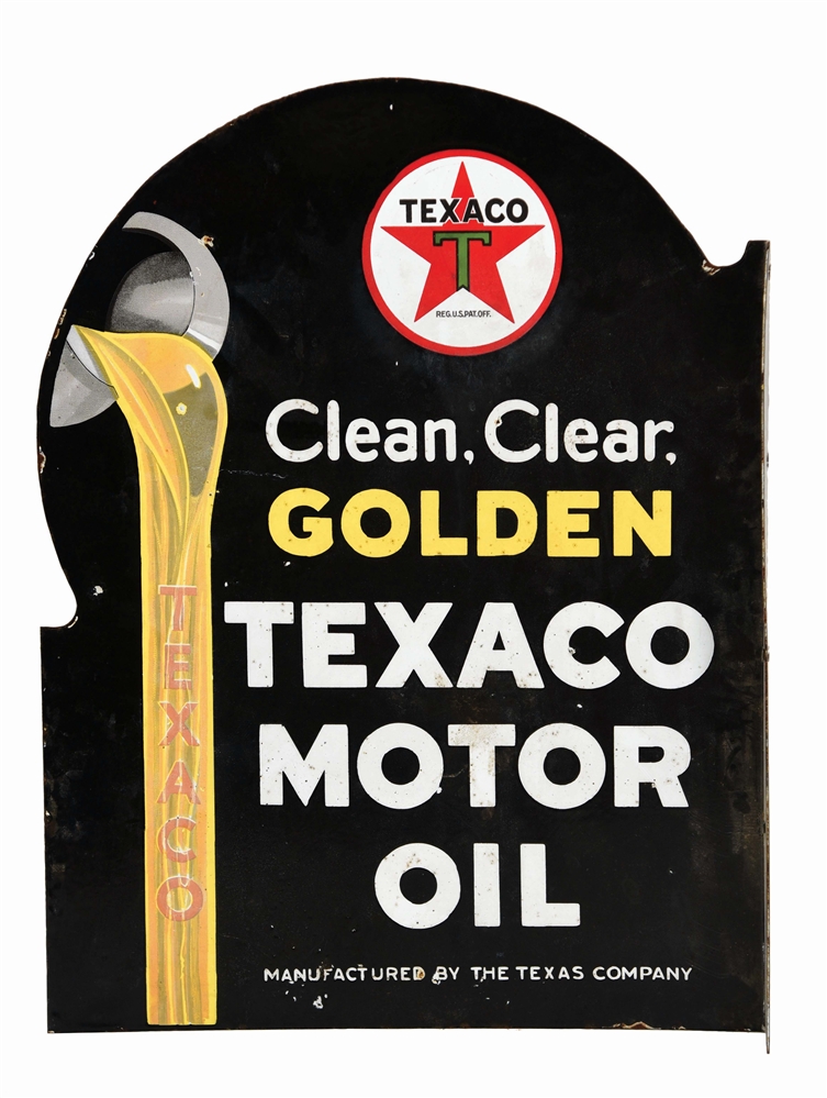 TEXACO CLEAN, CLEAR & GOLDEN MOTOR OIL PORCELAIN FLANGE SIGN.