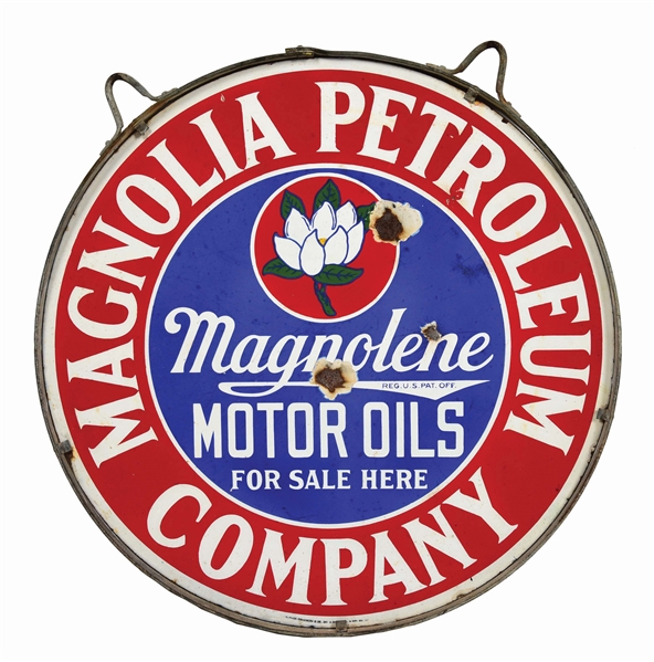 MAGNOLIA PETROLEUM & MAGNOLENE MOTOR OILS PORCELAIN CURB SIGN W/ ORIGINAL RING. 