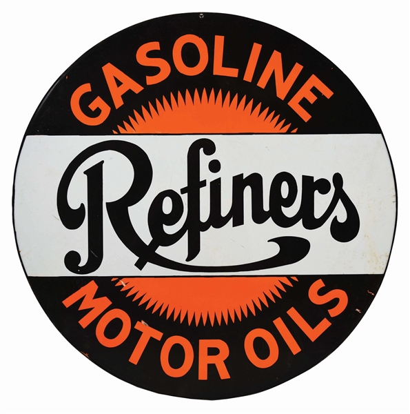 RARE REFINERS GASOLINE & MOTOR OILS PORCELAIN SERVICE STATION SIGN.