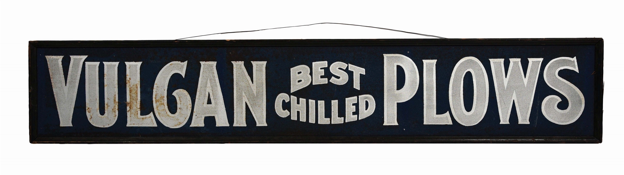 VULCAN BEST CHILLED PLOWS SMALTS PAINTED TIN SIGN W/ ORIGINAL WOOD FRAME. 