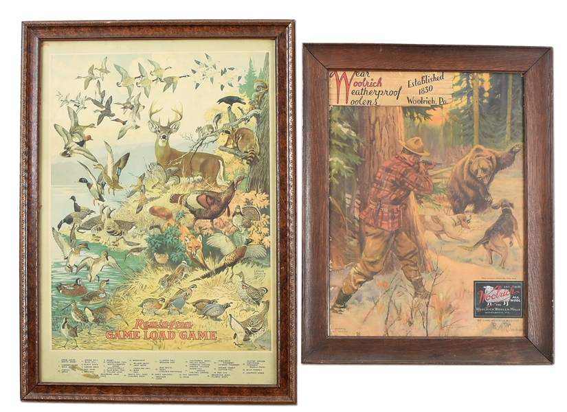 LOT OF 2: FRAMED REMINGTON AND WOOLRICH ADVERTISEMENTS.