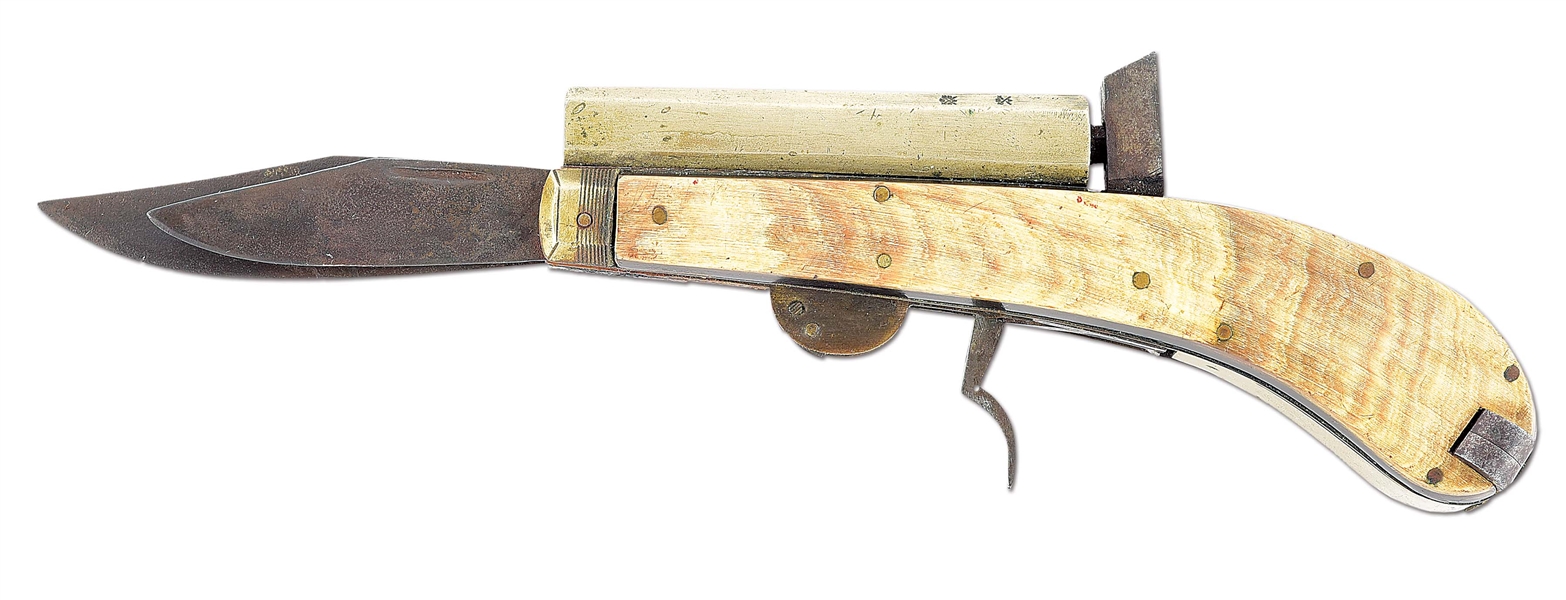 (A) UNWIN AND RODGERS KNIFE PISTOL WITH WOOD BOX.
