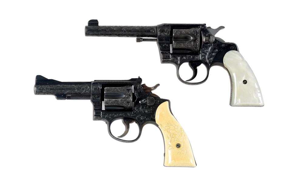 (C) LOT OF 2: ENGRAVED COLT OFFICERS MODEL AND SMITH & WESSON K-38 DOUBLE ACTION REVOLVERS.