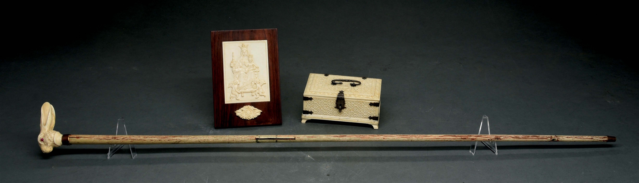 LOT OF 3: IVORY BOX, PLAQUE AND CANE.