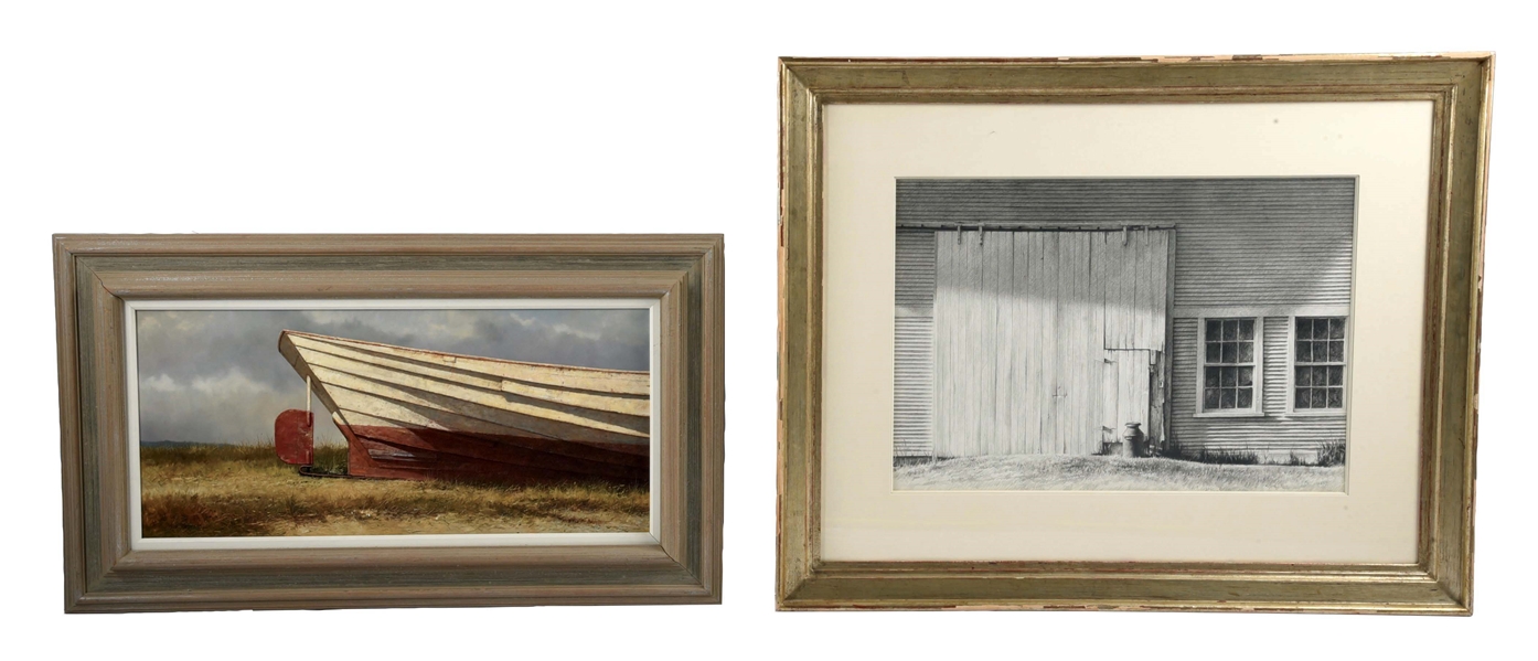 LOT OF 2 PAINTINGS: BARN DOOR AND BOATS RUDDER.