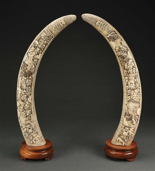 LOT OF 2: PAIR OF LARGE BONE CARVED TUSK.
