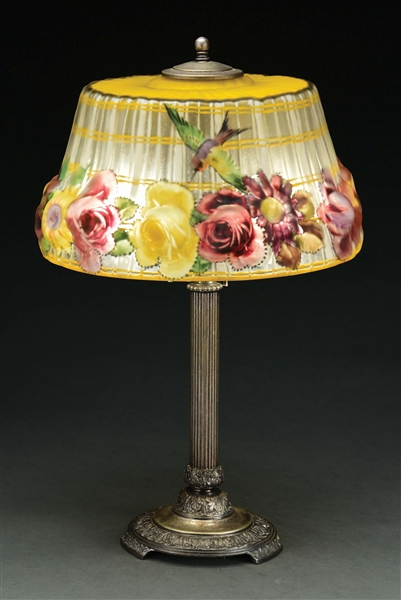 REVERSE PAINTED PAIRPOINT PUFFY HUMMINGBIRD TABLE LAMP.