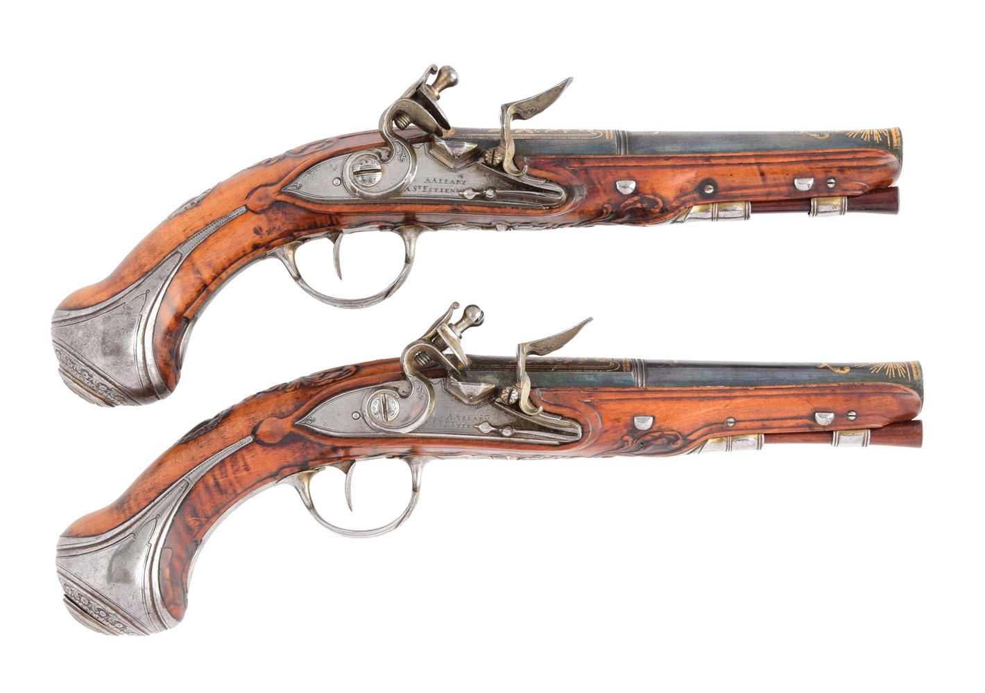 (A) EXTREMELY FINE PAIR OF FRENCH FLINTLOCK GREATCOAT PISTOLS, CIRCA 1750.