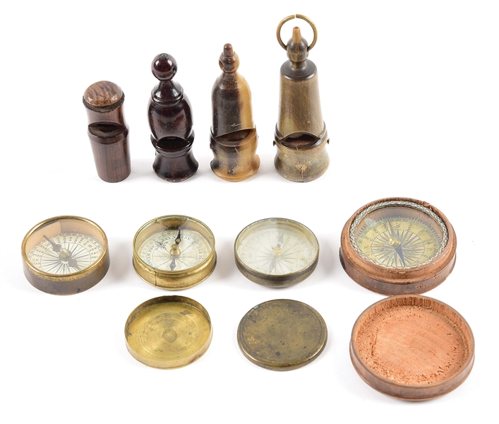 LOT OF 8: FOUR COMPASSES & FOUR WHISTLES.