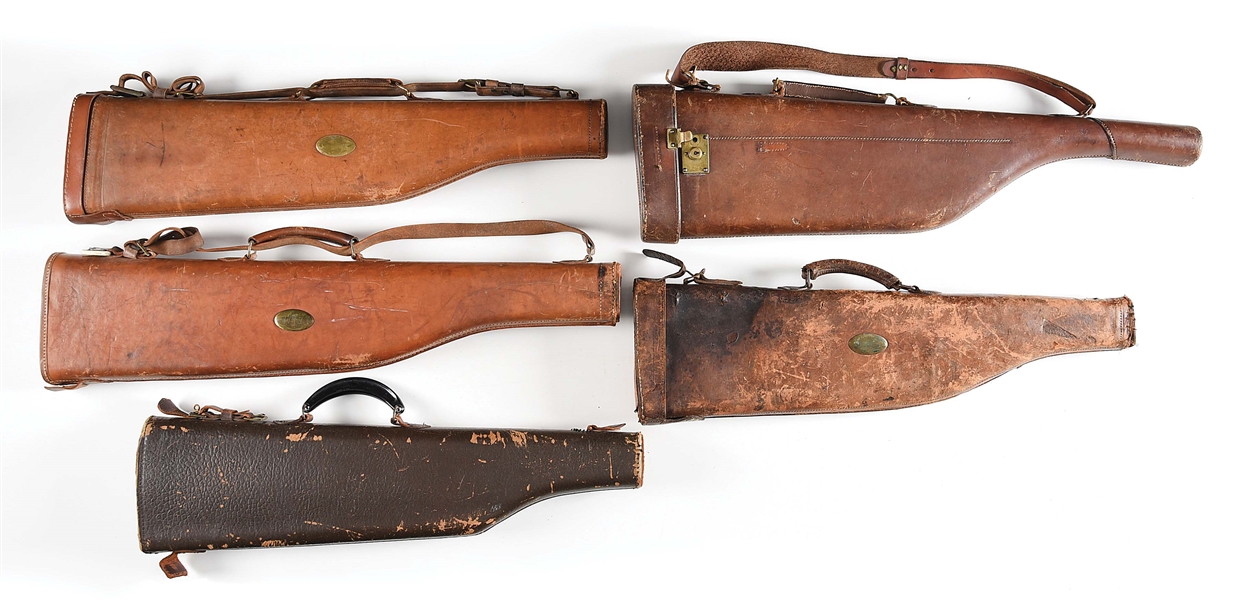 LOT OF 5: LEATHER LEG-O-MUTTON CASES.