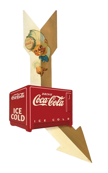 COCA-COLA ARROW SIGN WITH SPRITE BOY AND COOLER.