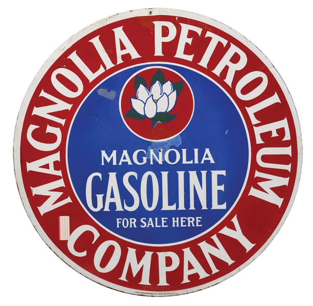 DOUBLE-SIDED PORCELAIN MAGNOLIA PETROLEUM COMPANY 30" SIGN.