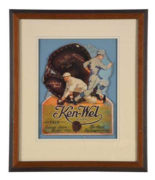 FRAMED KEN-WEL BASE BALL GLOVES SIGN.