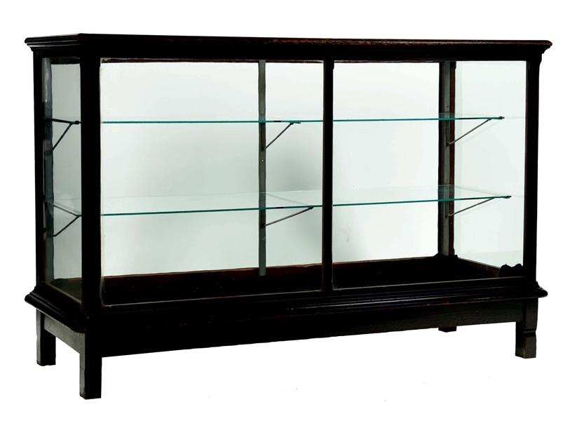 WOODEN DISPLAY WITH GLASS SHELVES.