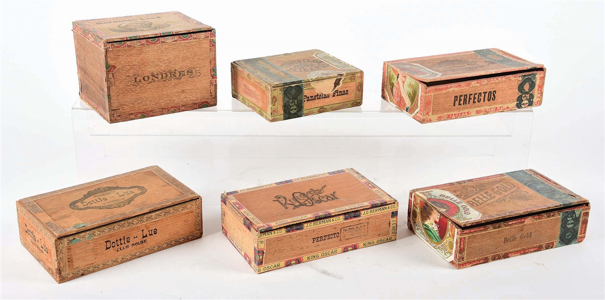 LOT OF 6: EARLY WOOD CIGAR BOXES.