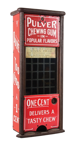 TALL CASE PULVER TOO-CHOOS VENDING MACHINE WITH ORIGINAL YELLOW KID FIGURE.