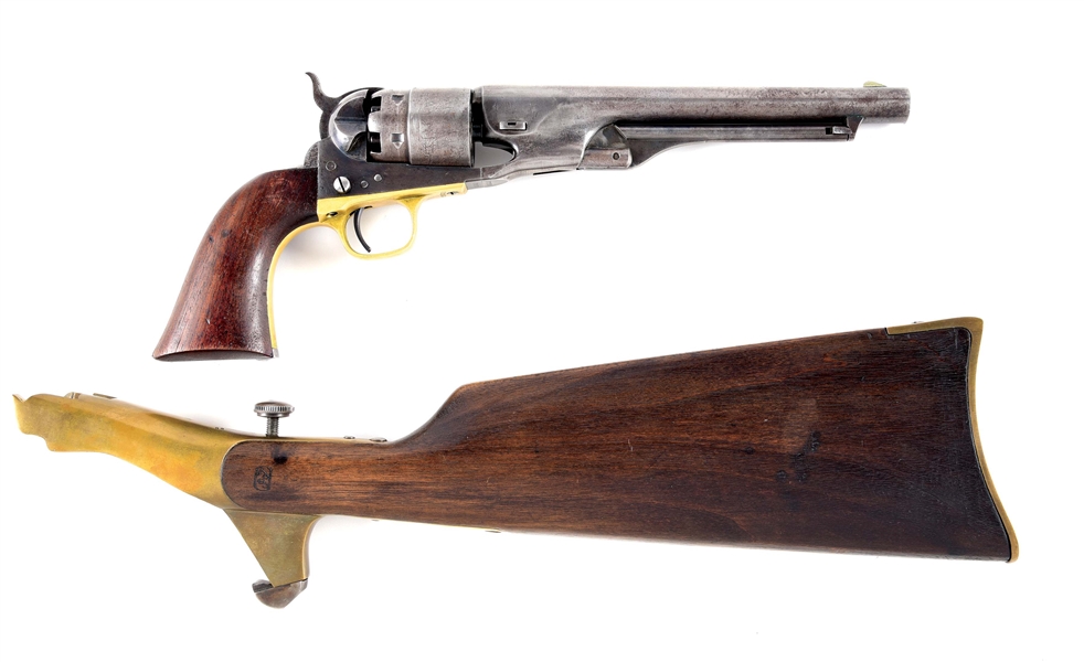 (A) COLT MODEL 1860 ARMY SINGLE ACTION REVOLVER WITH REPRODUCTION SHOULDER STOCK.