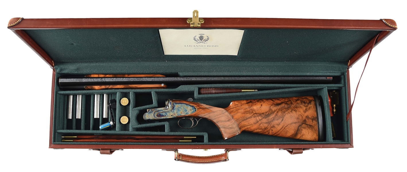 (M) LUCIANO BOSIS 12 GAUGE PIGEON GUN IN CASE WITH ACCESSORIES.
