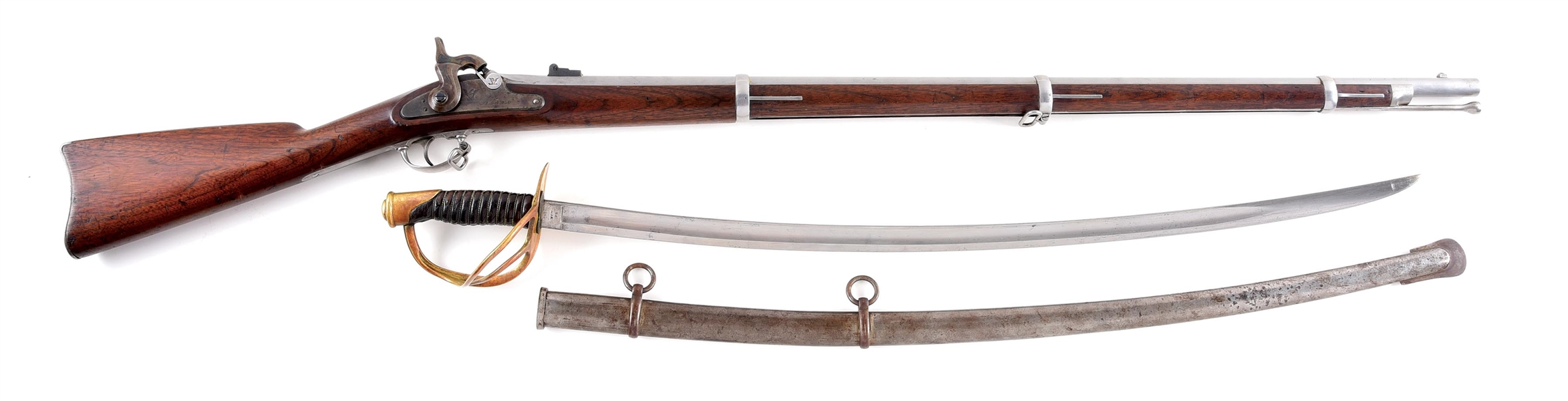 (A) SPRINGFIELD MODEL 1863 PERCUSSION RIFLE WITH AMES 1860 CAVALRY SABER.