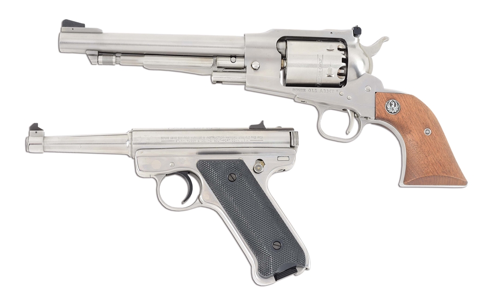 (A+M) CASED RUGER OLD ARMY PERCUSION REVOLVER AND STANDARD MODEL BILL RUGER COMMEMORATIVE SEMI AUTOMATIC PISTOL.