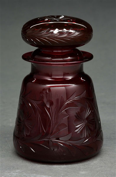 VERY RARE RED COLORED CUT GLASS JAR BY DORFLINGER.