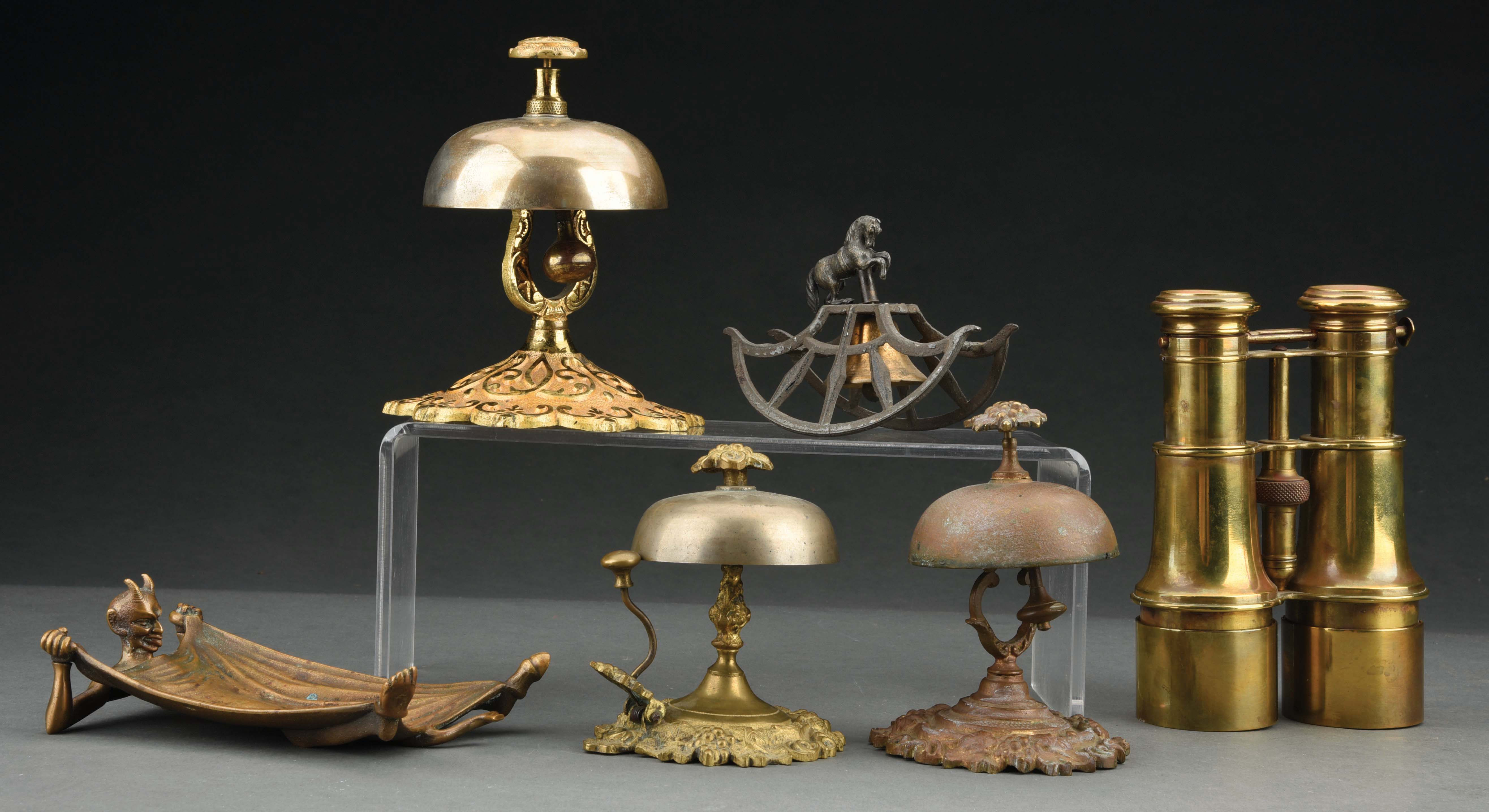 Lot Detail - LOT OF 6: TAP BELLS, BINOCULARS AND BRONZE TRAY.