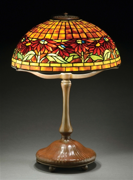 TIFFANY STUDIOS POINSETTIA LEADED GLASS TABLE LAMP.