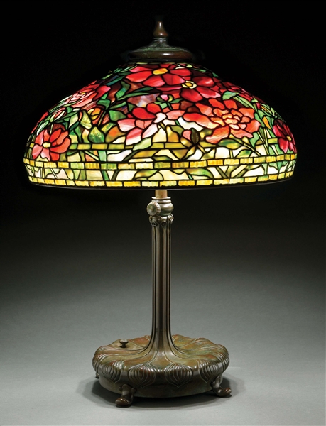 TIFFANY STUDIOS PEONY LEADED GLASS TABLE LAMP.