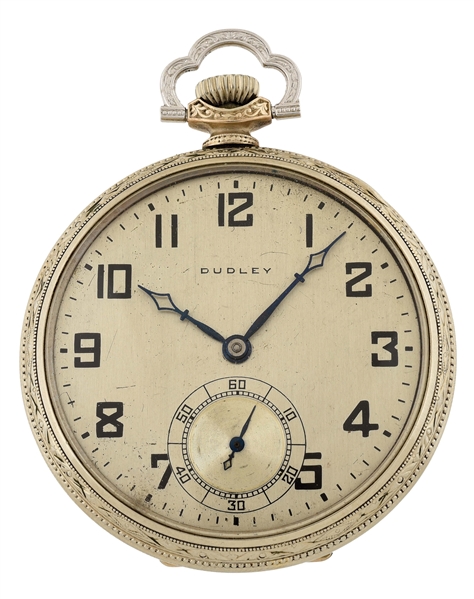 WHITE GOLD FILLED DUDLEY MODEL 2 MASONIC O/F POCKET WATCH W/FLIP BACK.