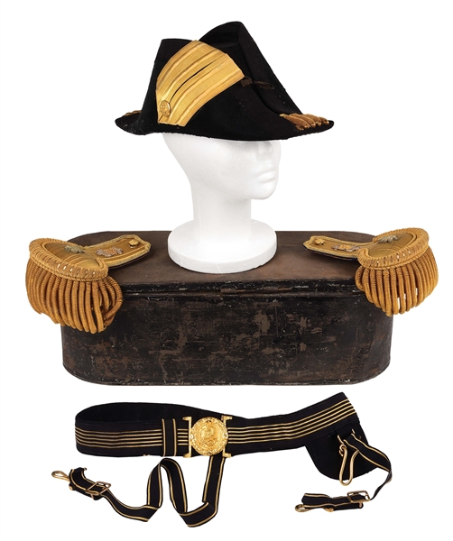 WWI ERA CASED NAVY FOR-AND-AFT HAT WITH COMMANDER EPAULETS AND BELT.