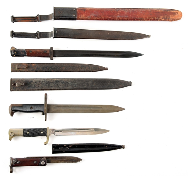 LOT OF 7: US AND EUROPEAN BAYONETS AND SCABBARDS.