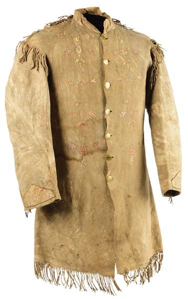 FUR TRADE ERA LEATHER HUNTING FROCK WITH QUILLWORK TRIM, C. 1840.
