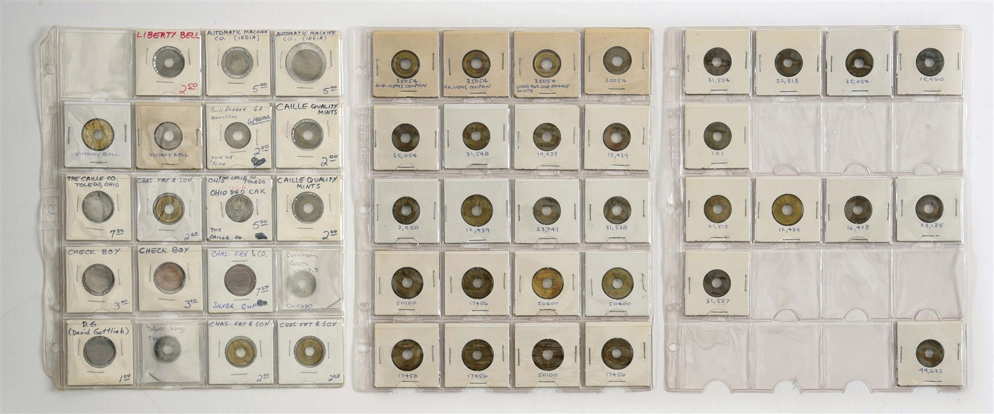 ASSORTMENT OF COIN-OPERATED MACHINE TOKENS AND TRADE CHECKS.