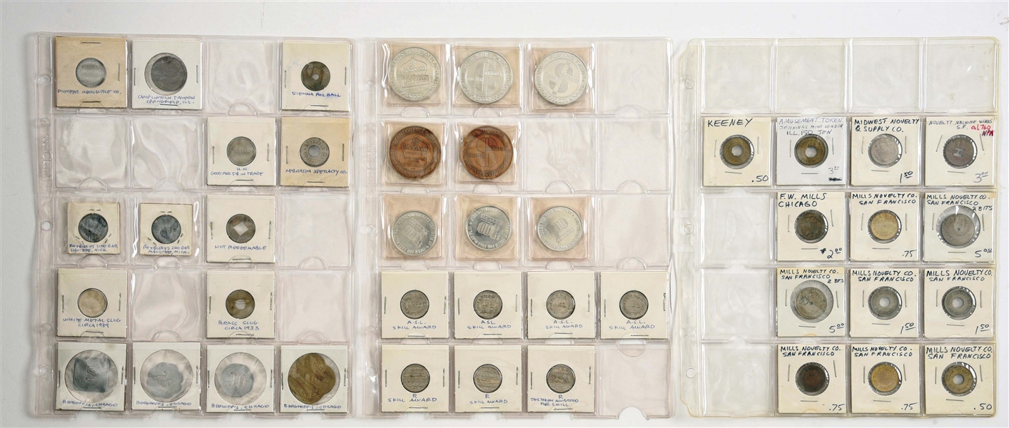 AN ASSORTMENT OF COIN-OPERATED MACHINE TOKENS AND TRADE CHECKS.