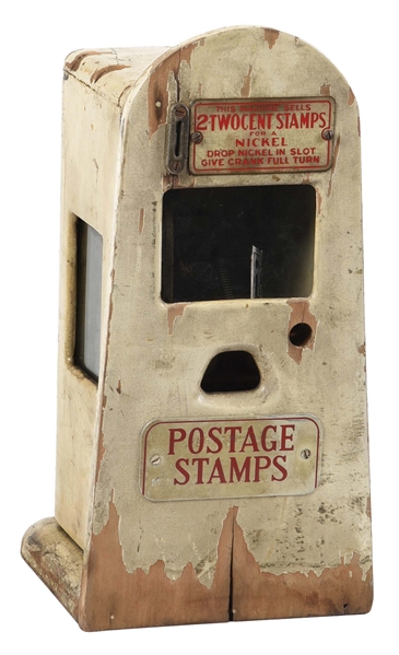 POSTAGE STAMP VENDING MACHINE IN PAINTED WOOD OF UNKNOWN MANUFACTURE.