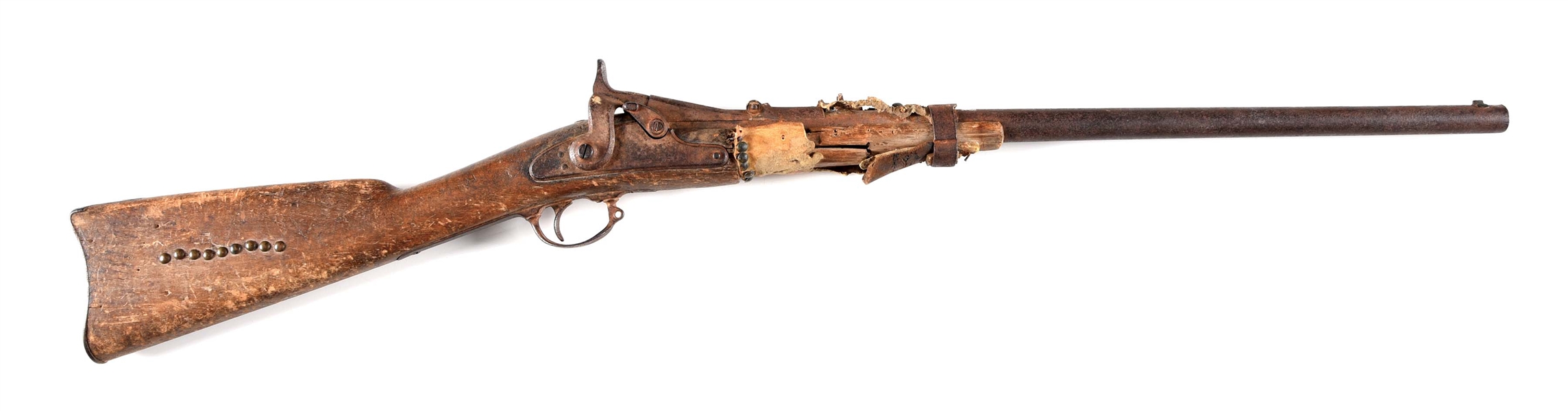 (A) "AS FOUND" INDIAN RIFLE - TRAPDOOR SPRINGFIELD CARBINE WITH TACK DECORATION.