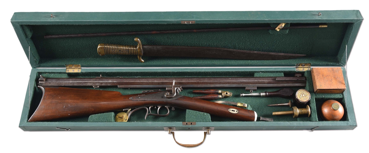 (A) CASED W. HUDSON PERCUSSION SNIPER RIFLE WITH BAHN FREI BAYONET, POSSIBLY TURNER USED.