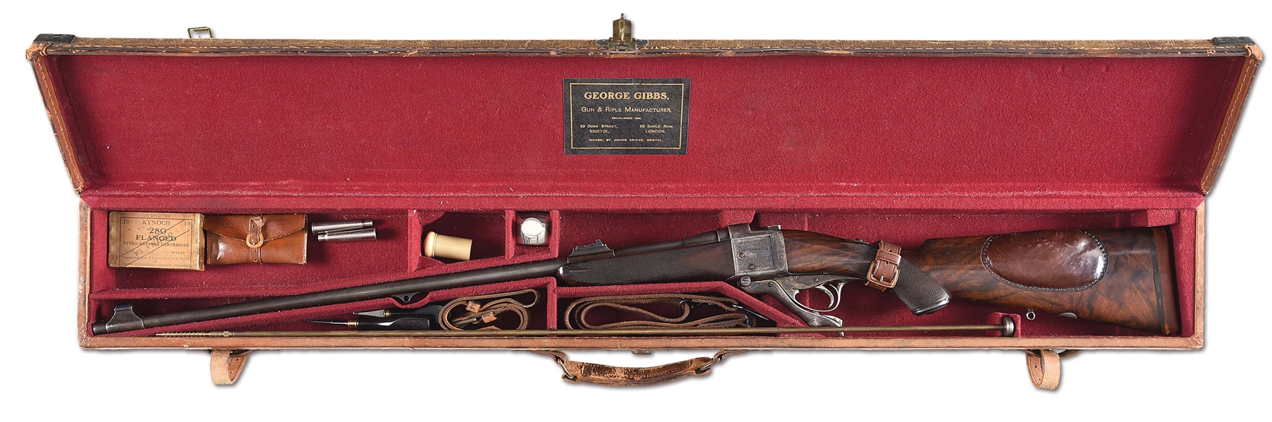 (C) CASED GIBBS FARQUHARSON SINGLE SHOT .280 FLANGED NITRO EXPRESS RIFLE, OWNED BY JONATHAN KIRTON AND DISCUSSED IN "THE BRITISH FALLING BLOCK BREECH LOADING RIFLE FROM 1865".