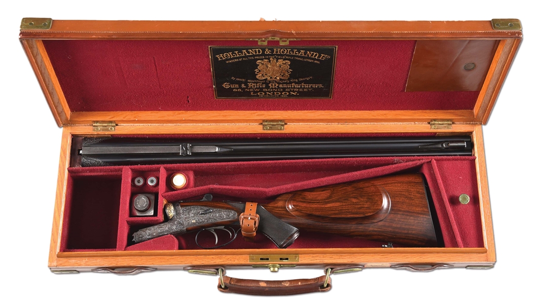 C) STUNNING GOLDEN AGE HOLLAND AND HOLLAND CUSTOM NO 2 HAMMERLESS EJECTOR DOUBLE RIFLE IN.375 H&H FLANGED MAGNUM WITH EIGHT VIGNETTES OF VARIOUS GAME ANIMALS, IN CASE.