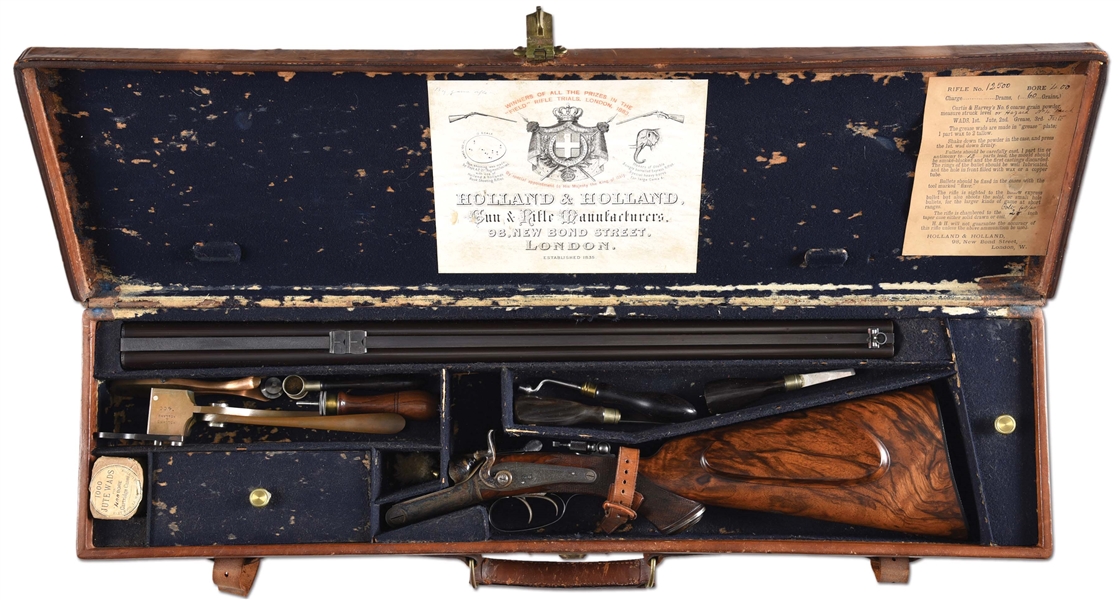 (A) RARE & BEAUTIFUL HOLLAND AND HOLLAND HAMMER .40-60 COLT DOUBLE RIFLE WITH TANG APERTURE SIGHT AND CASE, INCLUDING RELOADING TOOLS.